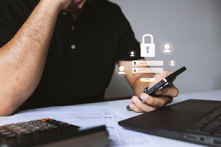 Man using smartphone with digital login interface, secure password protection, data privacy, and...
