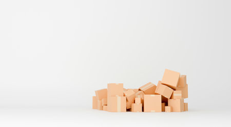 3D delivery boxes with shopping and location icons, representing e-commerce logistics, shipping, tracking, and online retail conceptの写真素材