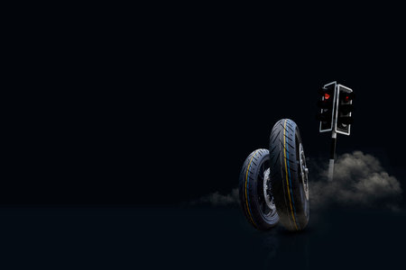 Two motorcycle tires with red light and smoke on black background, symbolizing performance and...