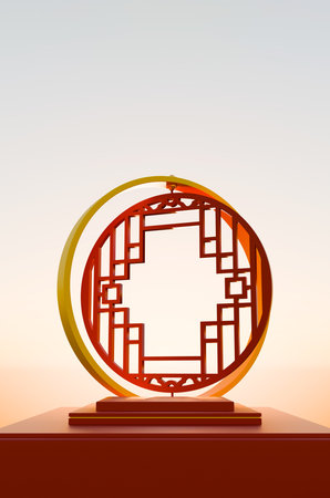 Elegant 3D scene featuring red and gold Chinese lanterns, a circular podium, and traditional patterns, ideal for festive promotions and oriental product showcases.の写真素材