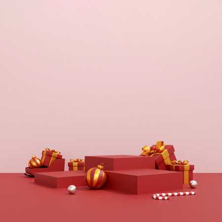 Christmas podium scene with red gift boxes, ornaments, and candy cane in minimal festive designの写真素材