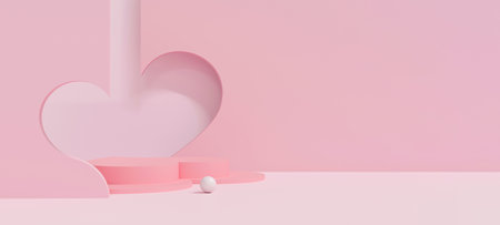 soft and sweet pastel pink scene for a gentle valentine's day. feminine 3d stage for displaying cosmetics, baby products, or cute romantic gifts.の写真素材