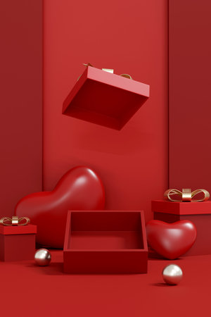 luxurious deep red scene with an opened flying box, symbolizing surprise. portrait 3d background for product unboxing, premium gifts, or passion marketing.の写真素材