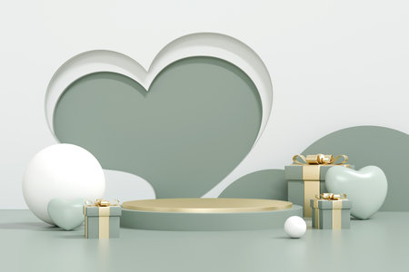 calm and elegant sage green scene for valentine's day. minimal 3d podium for showcasing organic skincare, sustainable gifts, or premium wellness products.の写真素材
