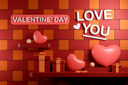 vibrant red and orange brick background with clear "love you" message. perfect 3d scene for e-commerce, social media promotion, and romantic greetings.の写真素材