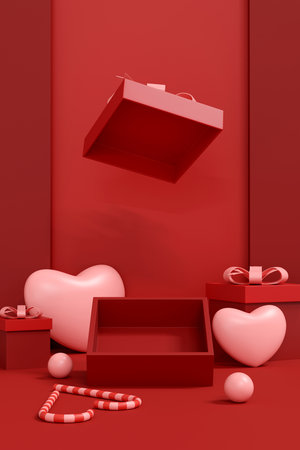 luxurious deep red scene with an opened flying box, symbolizing surprise. portrait 3d background for product unboxing, premium gifts, or passion marketing.の写真素材