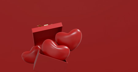Dramatic red scene featuring 3d hearts emerging from an open gift box. Wide background with large...