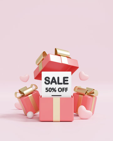 monochromatic pink scene with open gift box showing sale sign and product display stage. perfect 3d background for feminine holiday discount advertising and retail.の写真素材