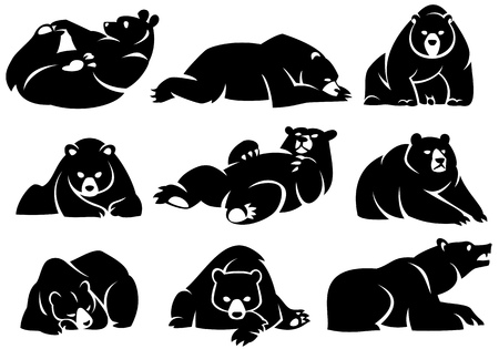 Decorative illustration of a lying bear. Black silhouette. Isolated on a white background.のイラスト素材