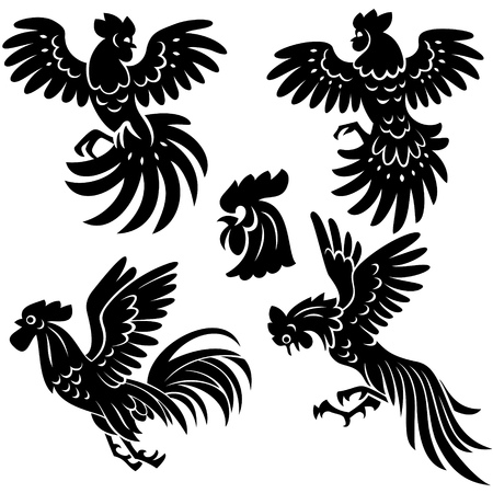 A set of illustrations of flying Chinese cocks. Isolated on a white background.のイラスト素材