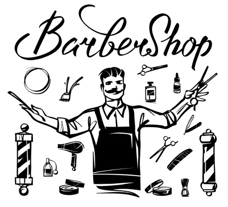 Set of barbershop accessories and tools hand drawn illustration.のイラスト素材