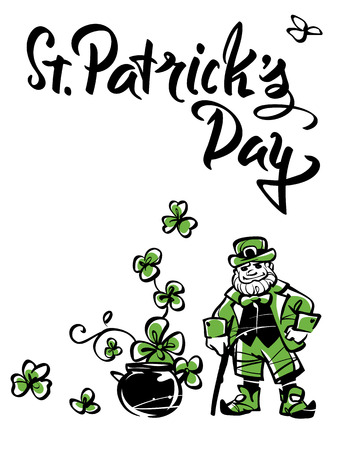 Cheerful leprechaun with a cane and St. Patrickâs day calligraphy.のイラスト素材
