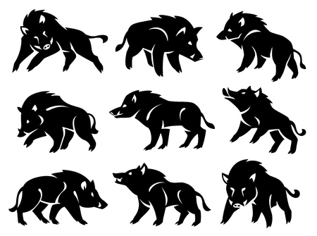 Illustration of the silhouette of a wild boar. Vector set of black figures on a white background.のイラスト素材