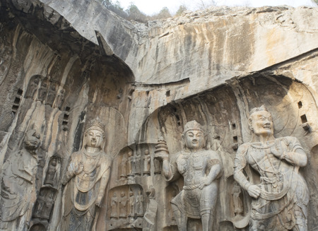 LUOYANG, HENAN â CHINA MAR 14, 2016:Buddha rock statue carving at Longmen Grottoes, Luoyang, Henan province, China. This is a world heritage in Luoyang, China.のeditorial素材