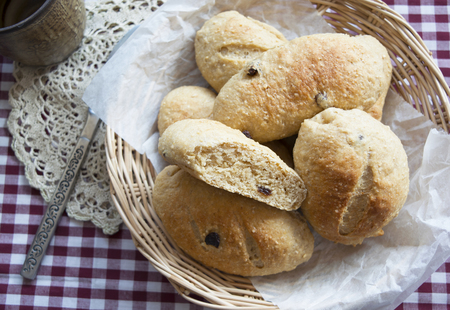 Home made whole wheat bread with raisins, Top viewの写真素材