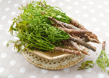 Neem leaves and flower in a basketの写真素材