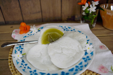 Coconut milk custard served with tea or coffee, Thai traditional dessertの写真素材