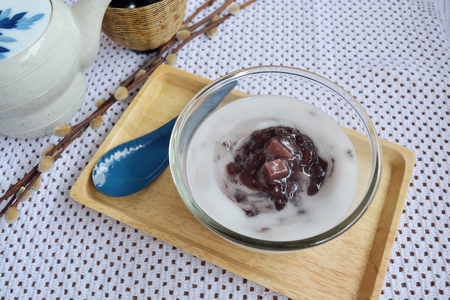 Black sticky rice with taro and coconut milk, Thai traditional dessertの写真素材
