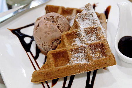 Waffle with chocolate ice-cream and chocolate sauce, dessertの写真素材