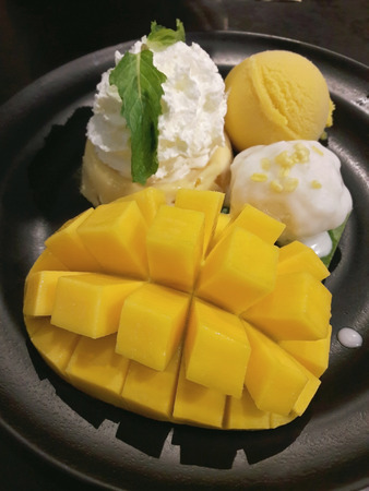 Mango served with mango pudding, sticky rice and mango ice-cream, Thai traditional dessert (from mobile)の写真素材