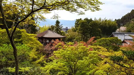 HIGASHIYAMA, KYOTO, JAPAN %u2013 APRIL 18, 2019: View of Ginkakuji Temple on the hill in Spring...