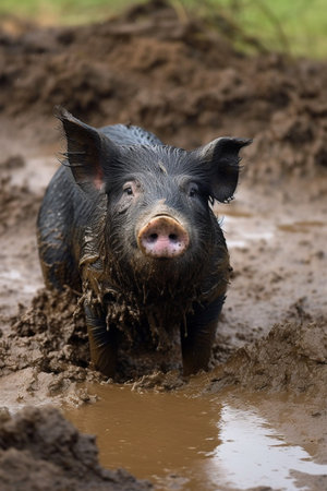 AI -generated Portrait of a black pig in mud.の素材