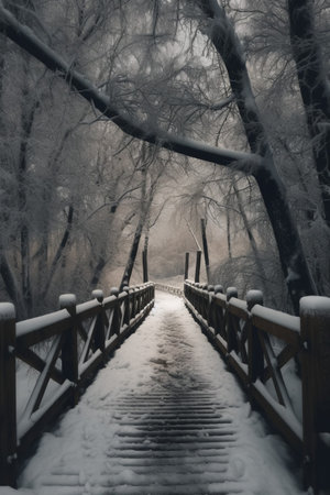 AI-generated Wooden bridge in the forest in winter. Beautiful winter landscape.の素材