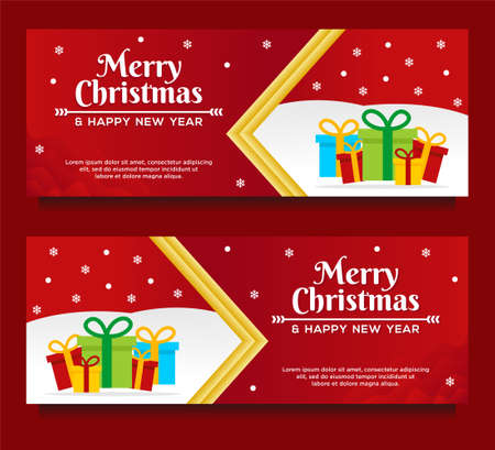 Merry Christmas and Happy New Year Banner template with Christmas tree and gift box with red backgroundのイラスト素材
