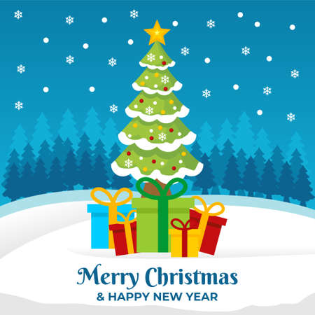 Merry Christmas and Happy New Year Banner template with Christmas tree and gift box with blue backgroundのイラスト素材