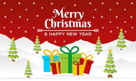 Merry Christmas and Happy New Year Banner template with Christmas tree and gift box with red backgroundのイラスト素材