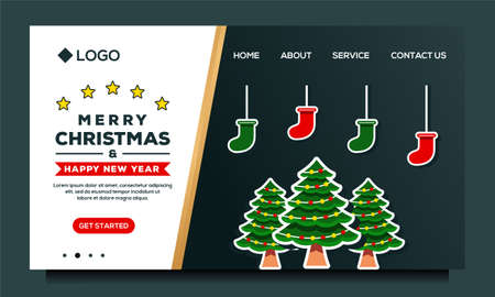 Merry Christmas and Happy New Year Landing page design template with Christmas tree and sockのイラスト素材