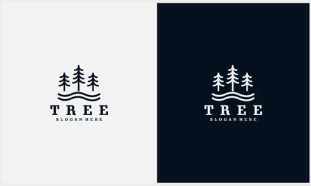 simple pine tree, evergreen with river symbol logo design template with line art styleのイラスト素材