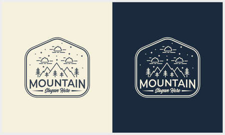 line art badge mountain and scenery illustration logo design concept templateのイラスト素材