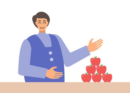 Friendly merchant offering apples at traditional marketのイラスト素材