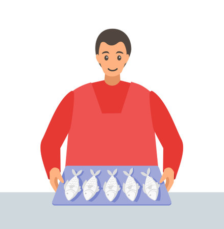 Man selling fish in traditional marketのイラスト素材