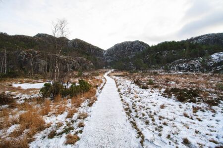 winter road up to the preiklestolenの写真素材
