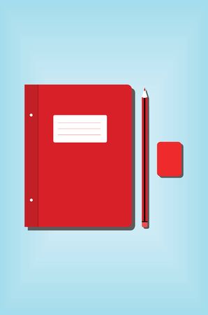 Stylized vector illustration of a red notebook, pencil and an eraser on light blue background. Stylized vector illustration of school supplies on light blue background.のイラスト素材