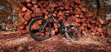 Full suspension mountain bike leaned on a stacked pile of timber logs in a beautiful autumn forest trail. Mountain biking concept. Freedom and recreation concept.の写真素材