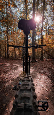 Low angle view of a mountain bike on a beautiful autumn forest trail with sun shining through the trees. Mountain biking concept. Freedom and recreation concept.の写真素材