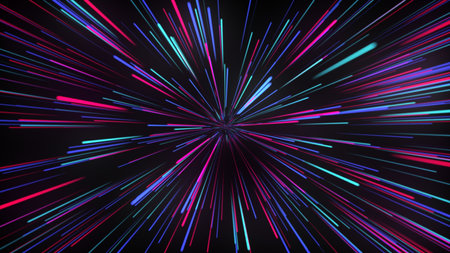 Multi-colored, rainbow splash of glowing synthetic lines. Abstract data flow tunnel radial lines...