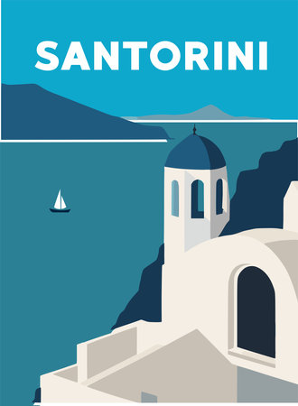 Santorini landscape, stunning, summer, blue sea. Vector poster. T-shirt print imageのイラスト素材