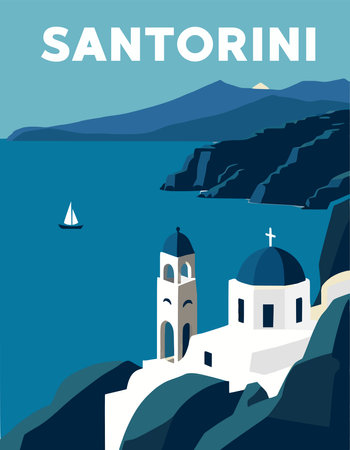 Greece, Santorini landscape, stunning, summer, blue sea. Vector poster. T-shirt print imageのイラスト素材