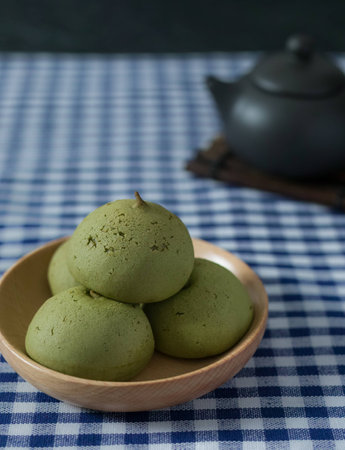 matcha bun with teaの写真素材