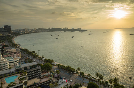 Sunet at Pattaya bay from top view, Thailand, Asiaの写真素材