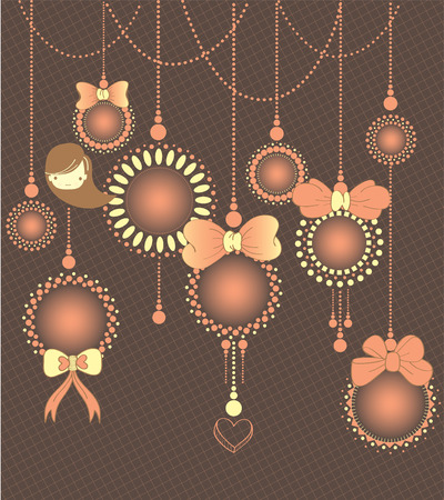 Cute Flower Round hanging tag with ribbon decorationのイラスト素材