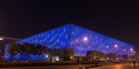 Beijing national aquatics center at nightのeditorial素材