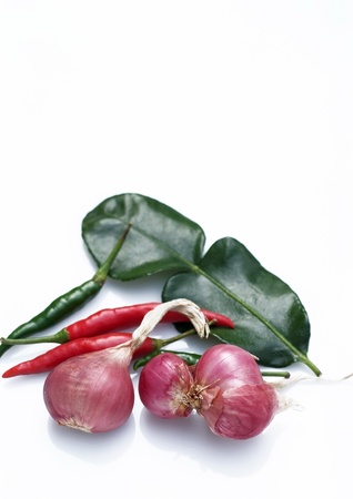 Onion, Chilli and Kaffir lime leaves they are important ingredient for Thai foodの写真素材