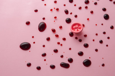Metaphor of the anus on a pink background. Rectal bleeding, hemorrhoids.の写真素材