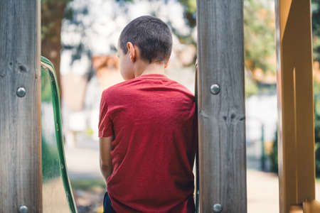 Rear view of a sad boy sitting alone on the slide because no other child is in the playground during...