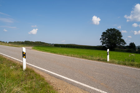 Road in the countryside with fields, trees and a blue skyの写真素材